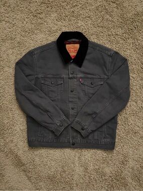 Levis Gray Denim Flannel Lined Trucker Jean Jacket Corduroy Collar Mens Medium